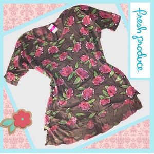 NEW Fresh Produce Slub Cotton Summertime Retreat Floral Tunic Tee, Gray L